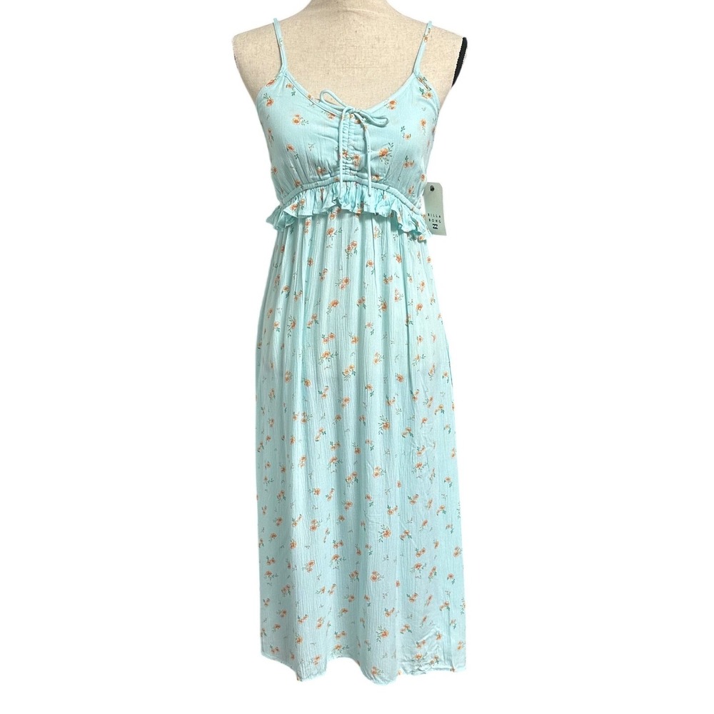 Billabong Rebel Heart Floral Midi Dress Blue Ruffle Smocked Women's S Beach NWT